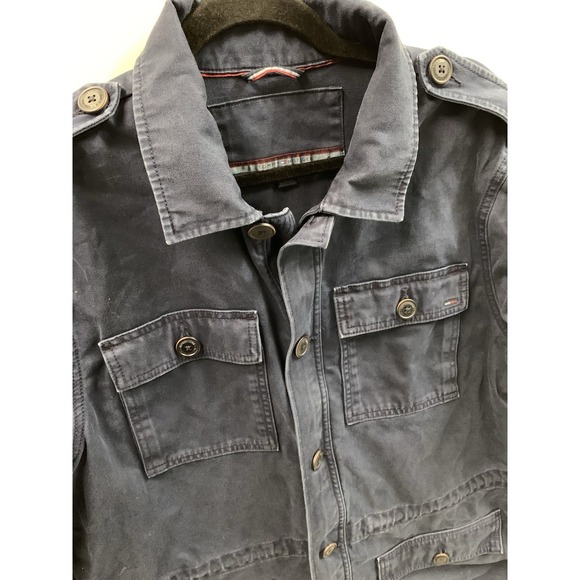 VTG Y2K Utility Jacket Large Tommy Hillfiger Navy Button & Drawstring MILITARY - Picture 4 of 12